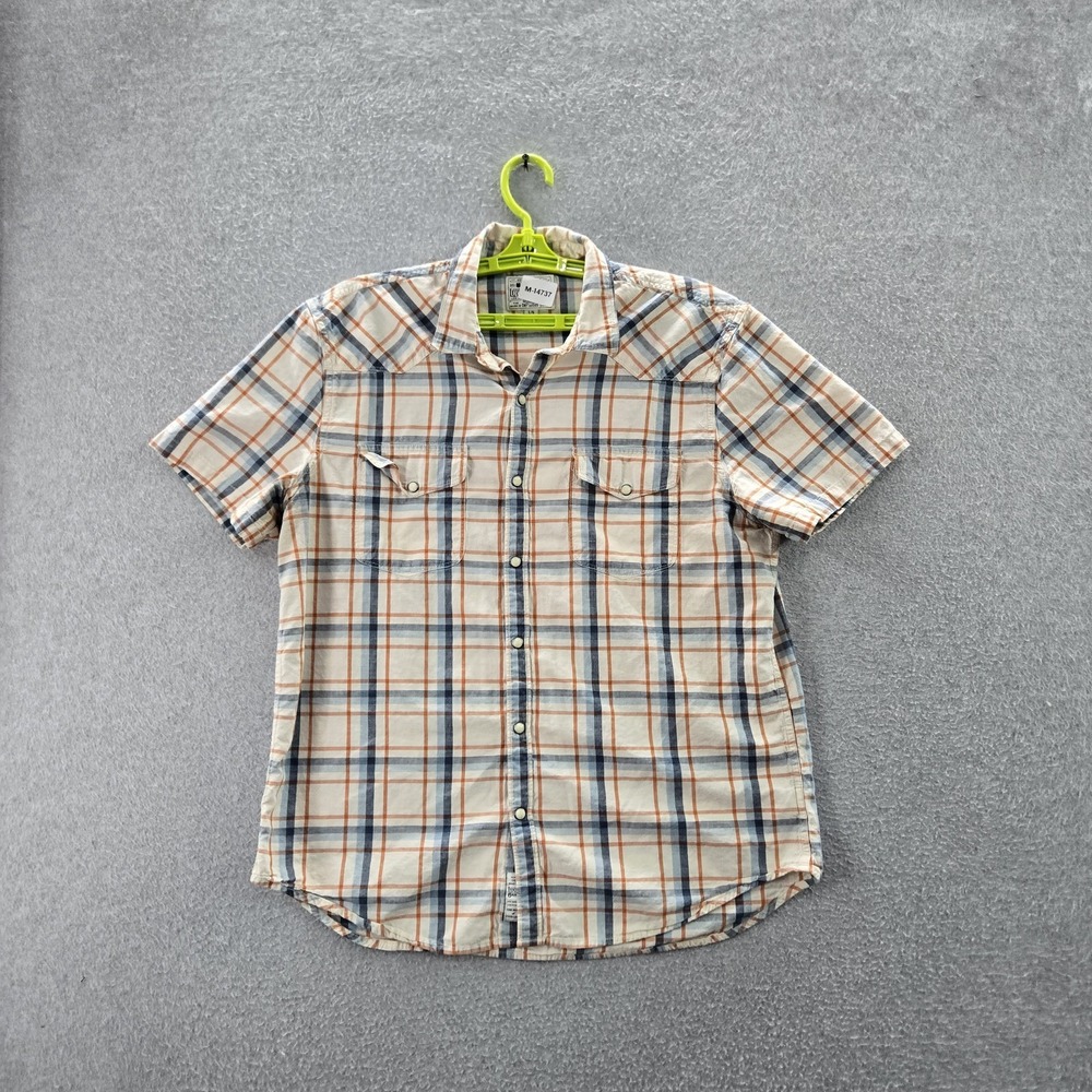 Lucky Brand Men Button Up Shirt L Beige Plaid Western Short Sleeve